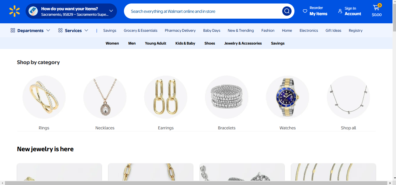 a screenshot of Walmart one of the best Places to Sell Fashion Jewelry Online