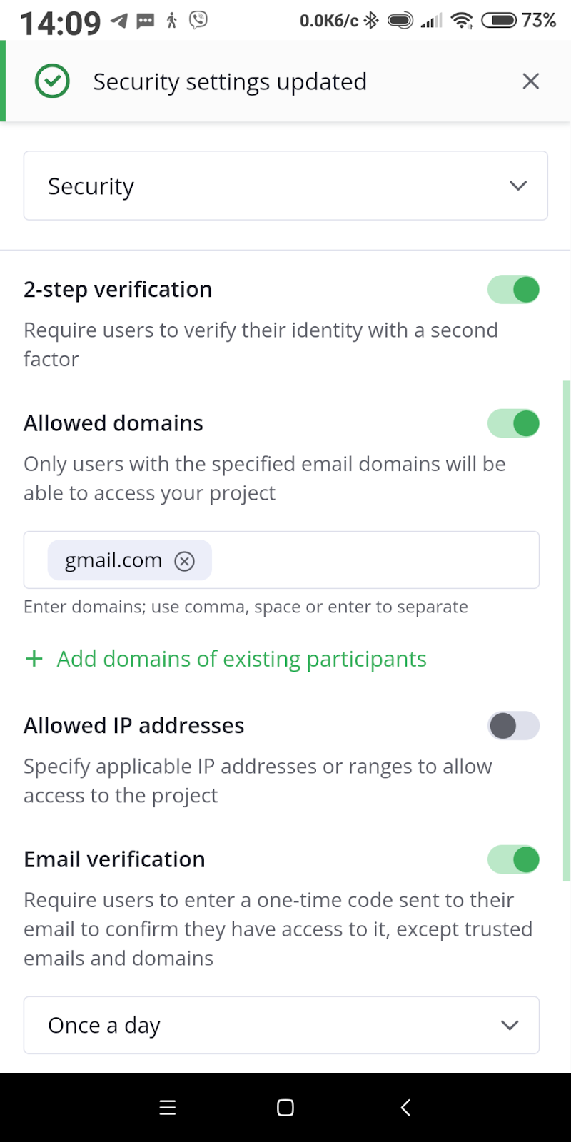 Project security settings: Mobile app view