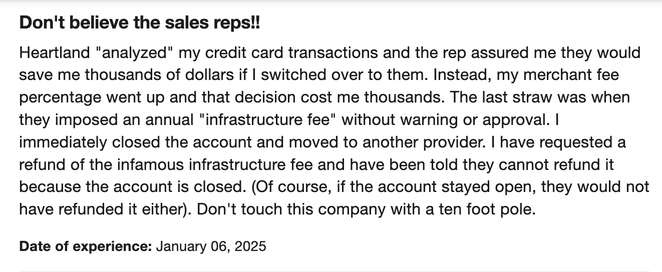 Screenshot of a negative user review for Heartland POS from Trustpilot