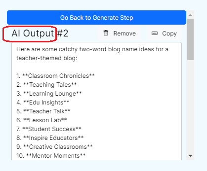 Output of CGAI's blog name generator for teacher blog names