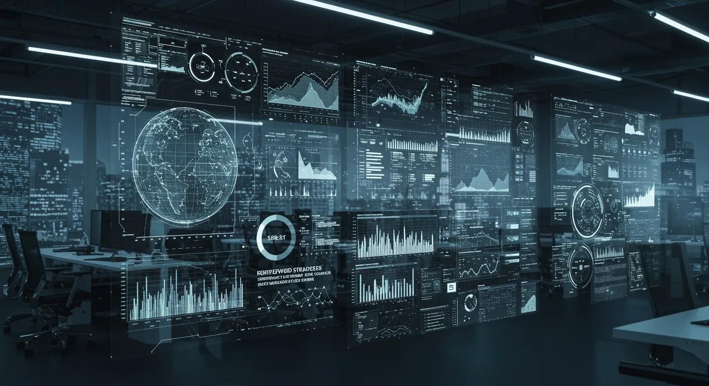 a sleek, modern office filled with digital displays showcasing intricate data analytics and keyword strategies, emphasizing a high-tech approach to competitor analysis in a vibrant urban setting.