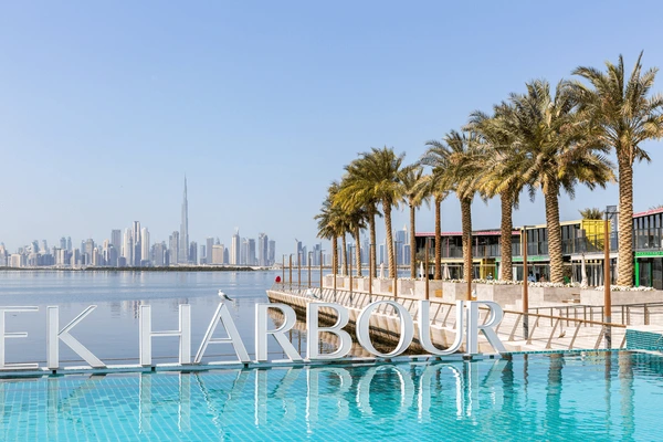 A pool with palm trees and a city in the background

