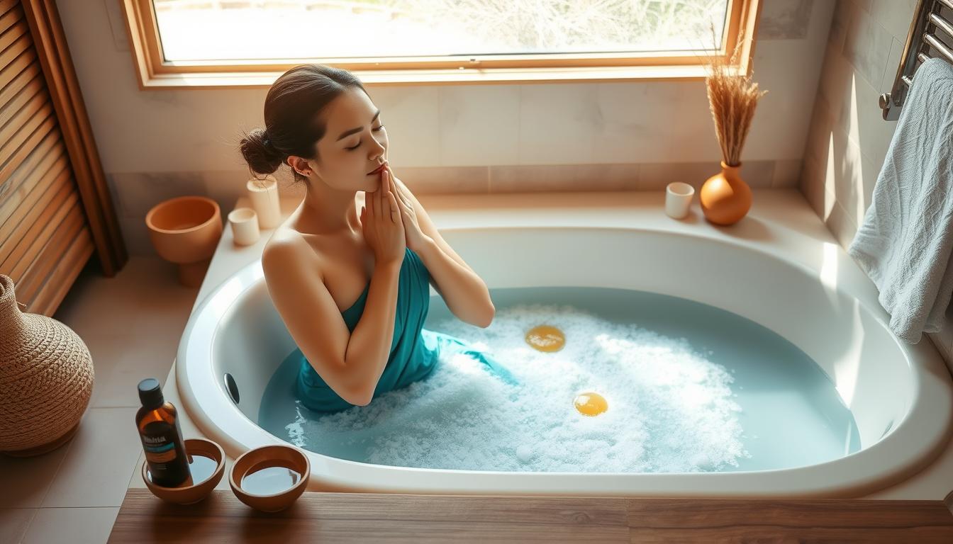 Woman performing Abhyanga self-massage with oil before bath