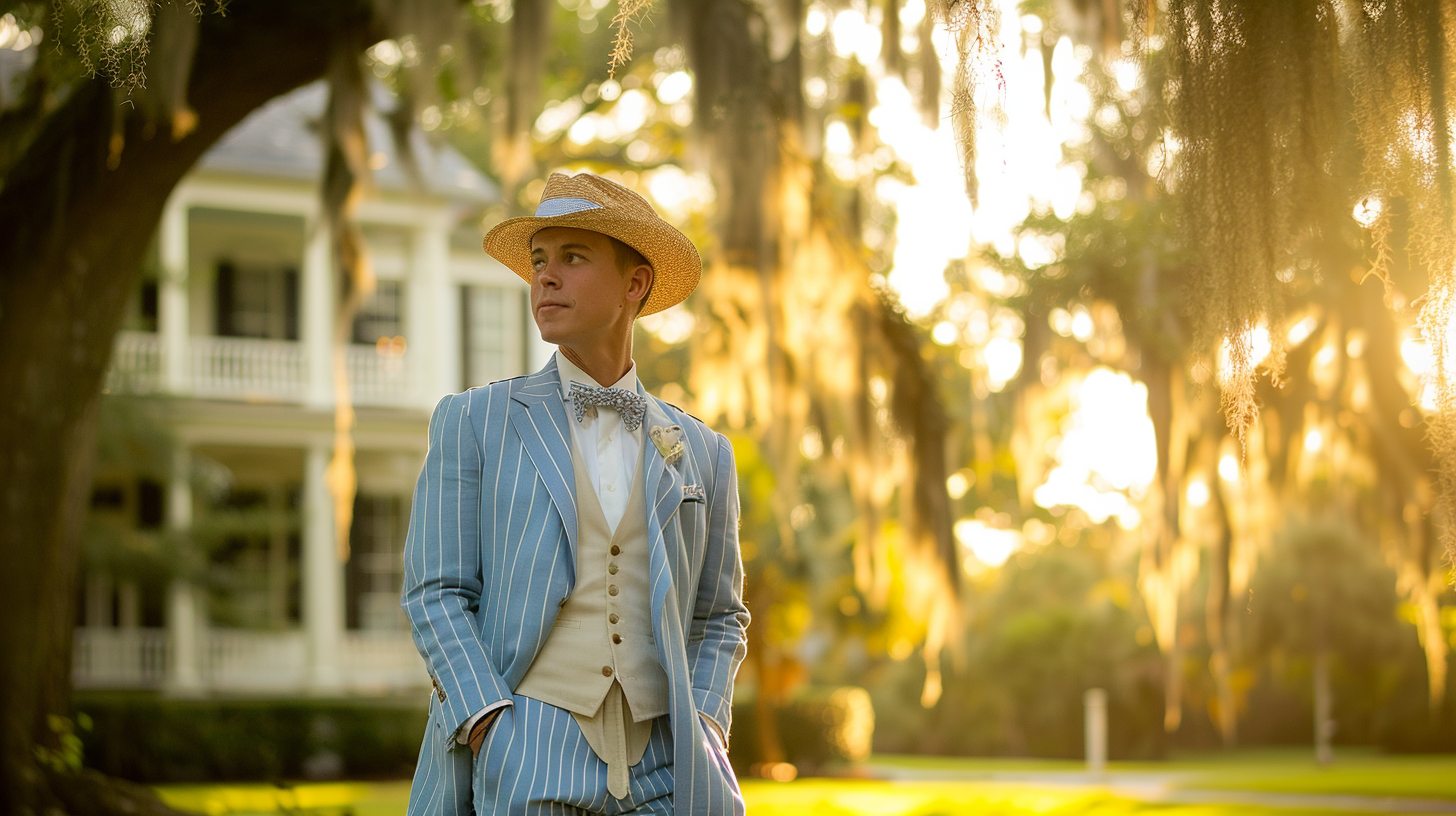 A man at a Southern-style summer wedding wearing a blue and white striped seersucker suit, white shirt, bow tie or no tie, straw hat optional, standing in front of a historic house or under trees with hanging Spanish moss, warm afternoon light
