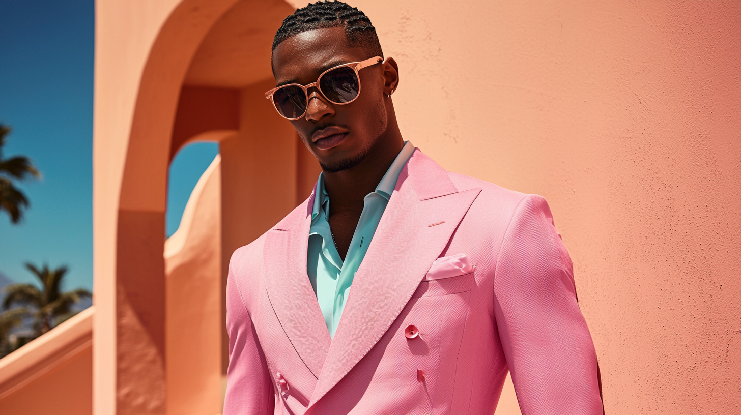 
A stylish man confidently wearing a modern pink suit, set against a versatile backdrop that transitions from a sunny outdoor day setting on one side to an elegant, softly lit nighttime indoor event on the other. The suit is sleek and well-fitted, paired with polished accessories, capturing the balance between daytime vibrancy and nighttime sophistication. The image should be photorealistic with sharp details, warm tones for the day and cool tones for the night.