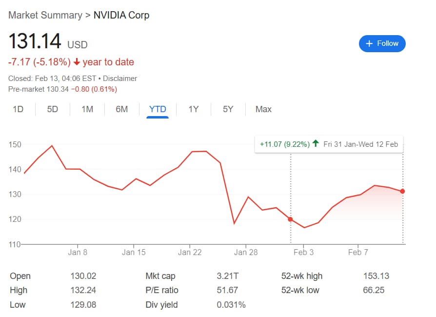 DJIA stocks: Nvidia shares' performance in 2025 with February moves highlighted.