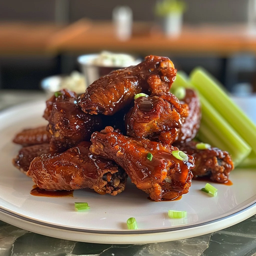 This appetizing image showcases a plate of succulent Asian Cuisine General Tso's Chicken, generously coated with a glossy, savory sauce. The wings are perfectly arranged on a clean white plate, accentuating their rich, mouth-watering color. Accompanying the wings are crisp, fresh celery sticks, providing a refreshing contrast to the tangy, flavorful chicken. This dish is a perfect example of a beloved classic that appeals to both the eyes and the palate.