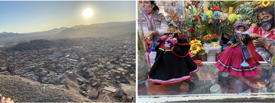 aerial of peru and close up of traditional dolls