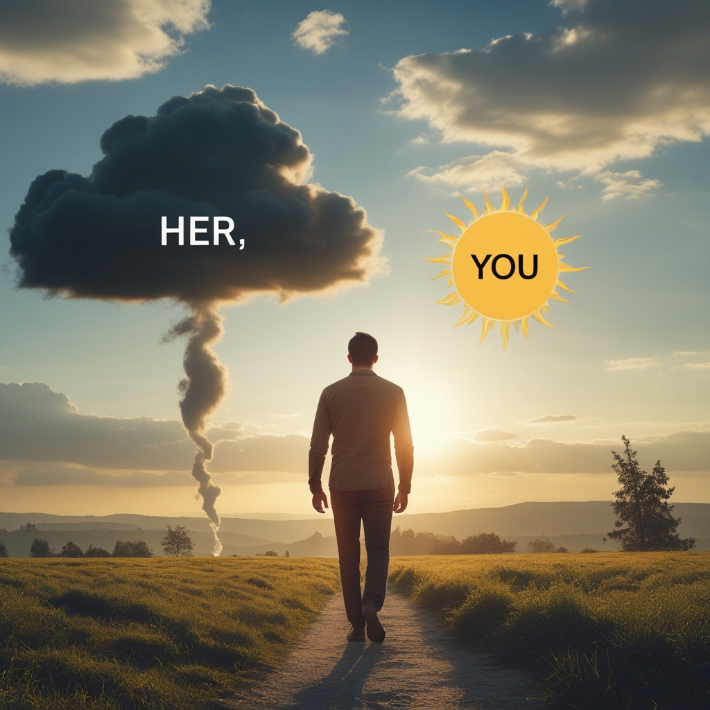 A man walking away from a dark cloud labeled “her,” toward sunlight marked “you”