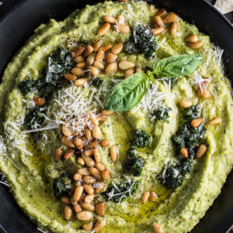 Pesto Hummus with Homemade Pita Chips