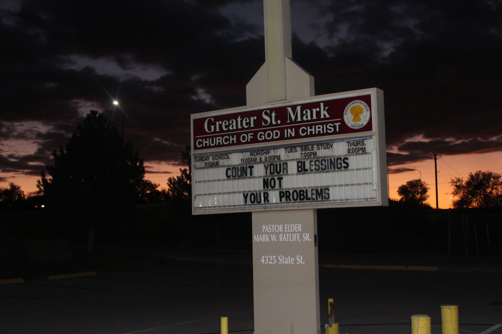 Image: Funeral services for Deontay Davis, Jr., 9, twins Heaven and Nevaeh, 8, Jabari Johnson, 4, and Loyal Dunigan were held at Greater St. Mark Church of God in Christ on August 21, 2021. All five died in a fire. The photo shows a sign for Greater St. Mark church of God in Christ, which reads: "COUNT YOUR BLESSINGS NOT YOUR PROBLEMS". Treasure Shields Redmond, Greater St. Mark Church of God in Christ sign, East St. Louis, 2024