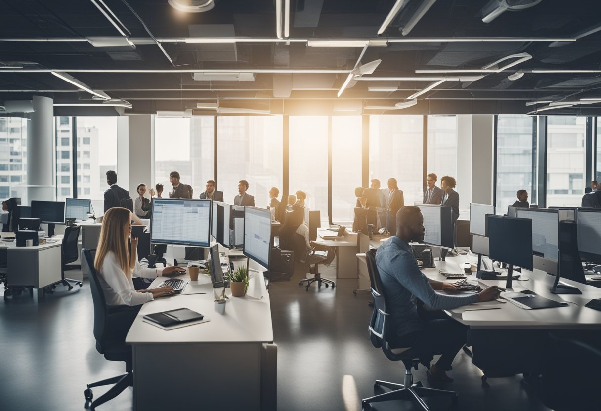 A bustling office with a team of professionals brainstorming, analyzing data, and strategizing to improve SEO for various businesses