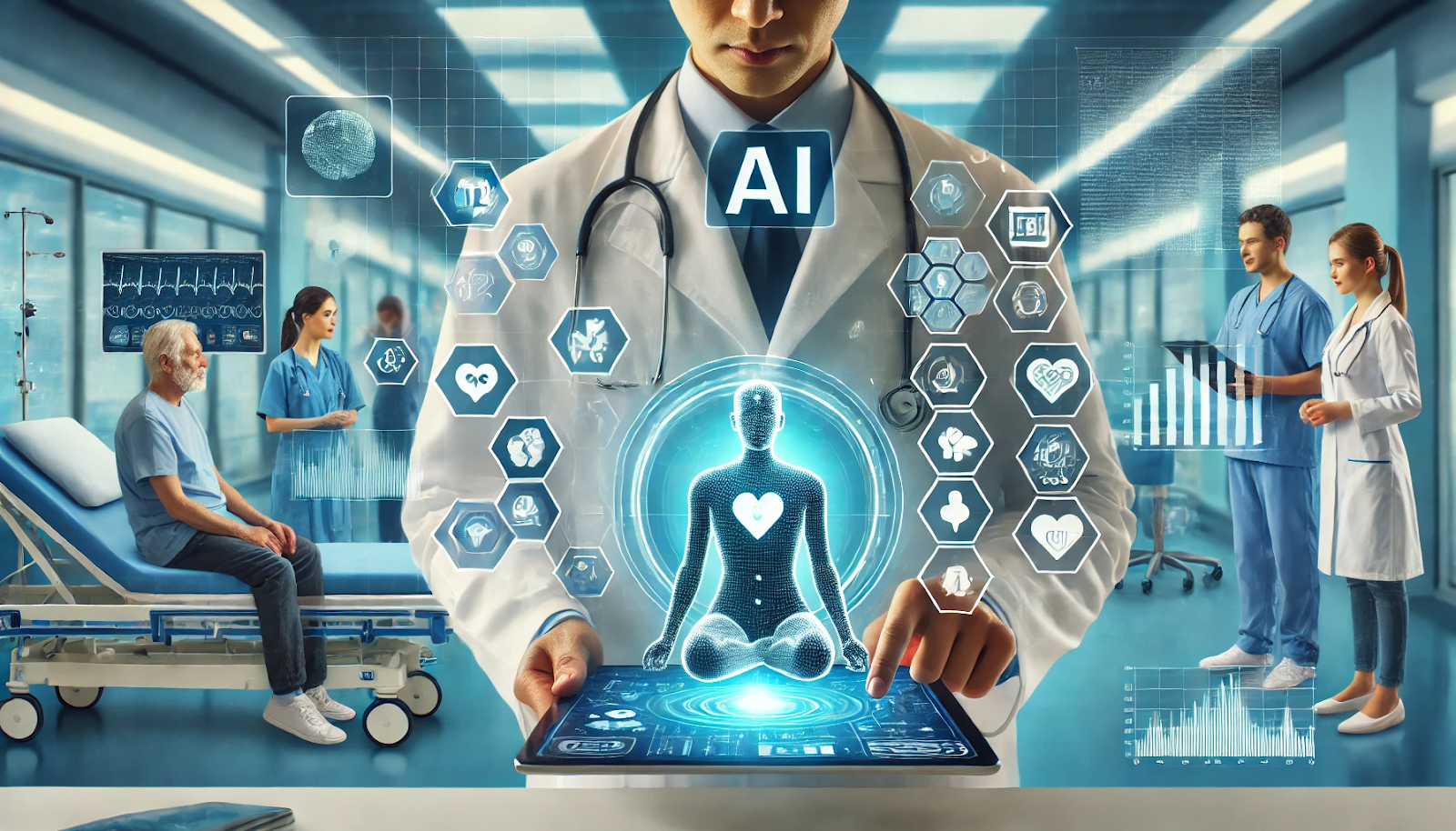 A futuristic hospital where doctors use AI technology for diagnostics and personalized patient care.