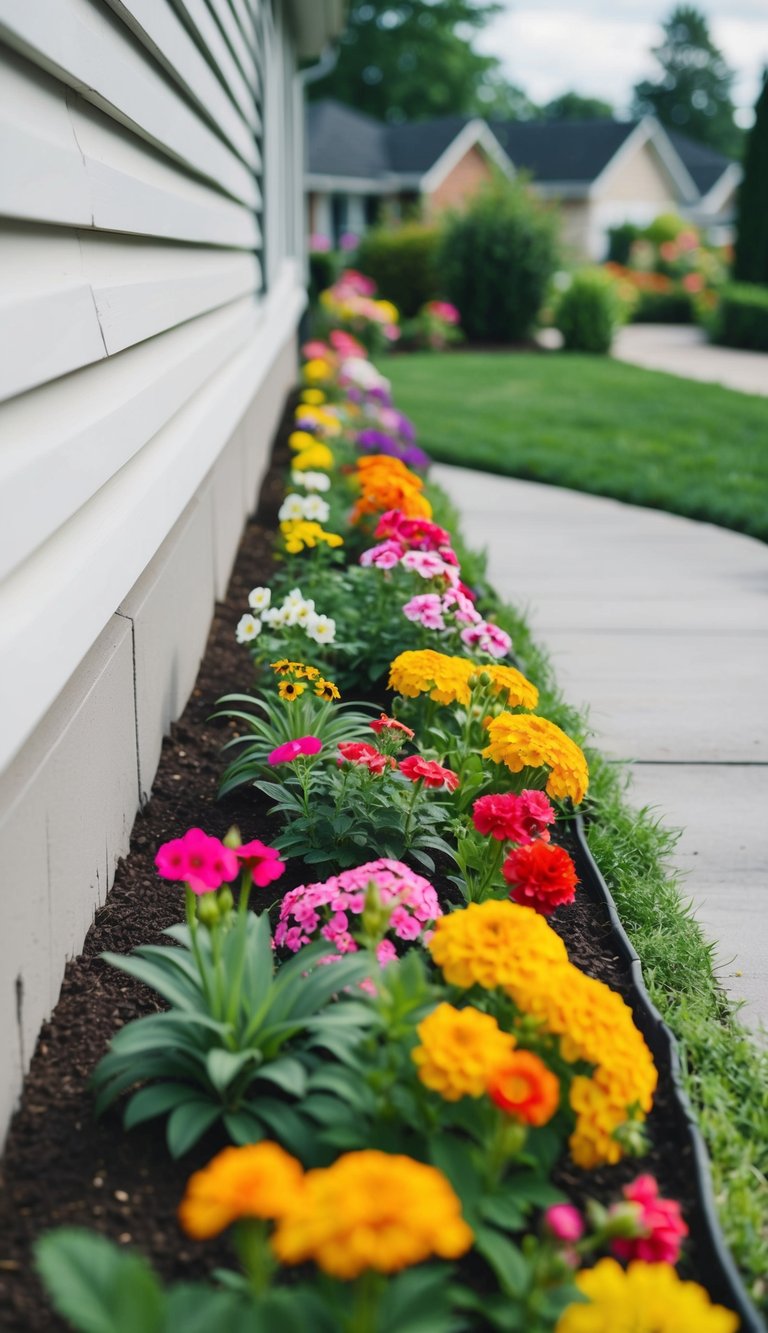 A vibrant flower bed lines the side of a house, featuring a chain of 23 different blooming plants, adding color and charm to the landscaping