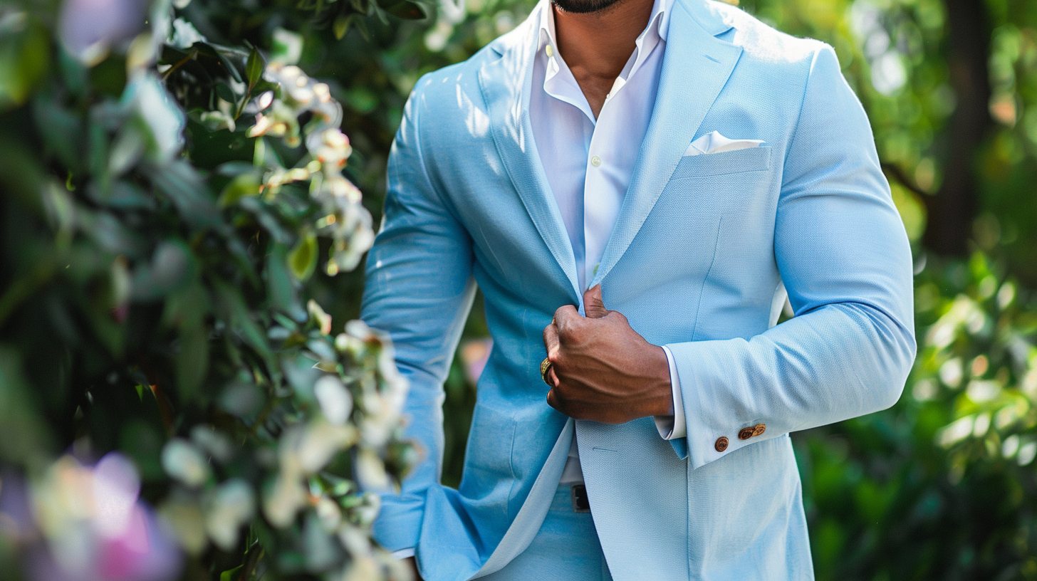 A man wearing a light blue cotton suit, casual yet tailored, perfect for an outdoor summer wedding or brunch