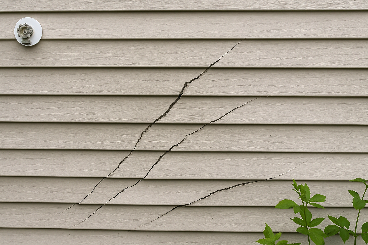 Beige vinyl siding with multiple long, jagged cracks running across the panels, showing visible damage likely caused by improper pressure washing.
