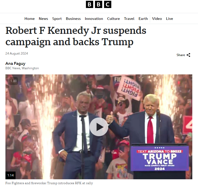 Robert F Kennedy Suspends Campaign and Backs Republican Donald Trump