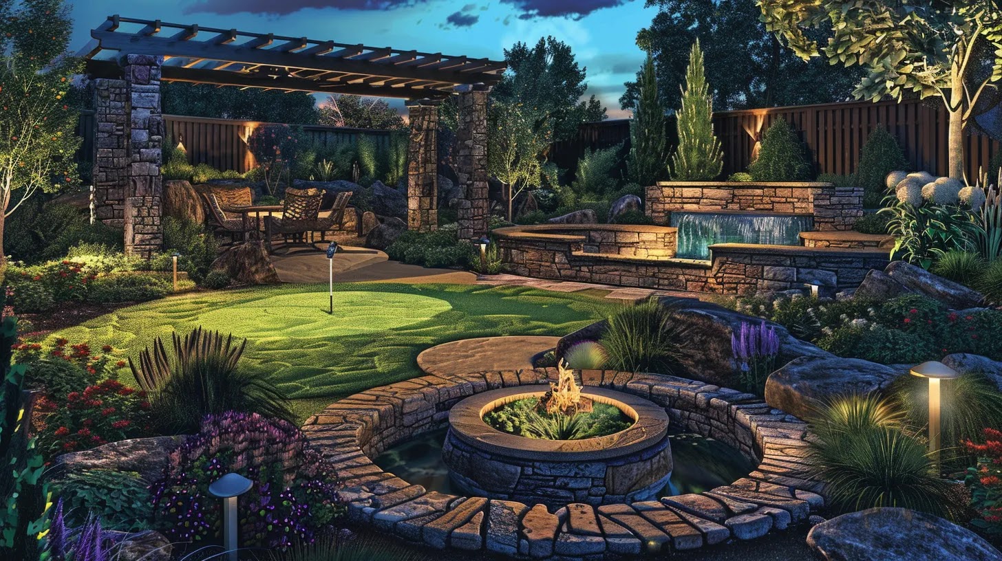 A newspaper cartoon graphic based on Backyard & Outdoor Living examples in California, the newspaper cartoon graphic should depict a luxurious backyard with a stone firepit, pergola-covered outdoor kitchen, cascading water feature, and synthetic putting green surrounded by ambient lighting.