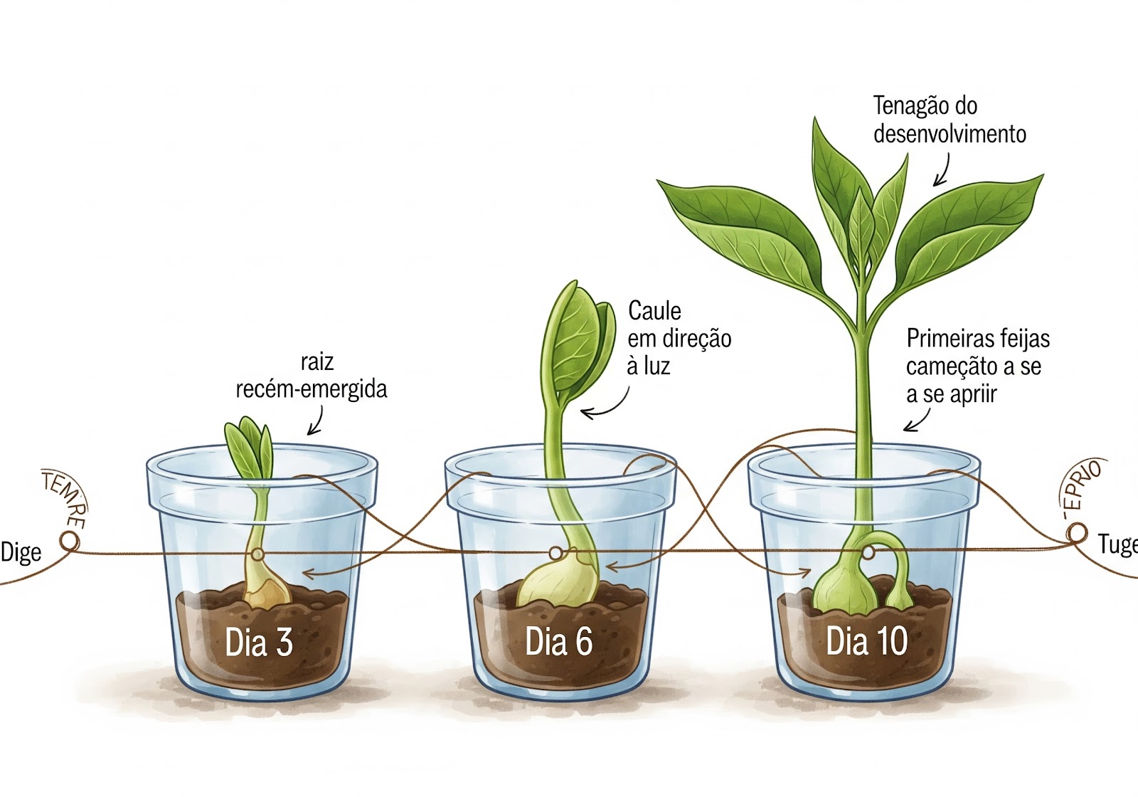 Uma linha do tempo com três potes de feijão mostrando a evolução: o primeiro com a raiz recém-surgida, o segundo com o caule crescendo e o terceiro com as primeiras folhas abertas. Use setas e legendas como 'Dia 3', 'Dia 6', 'Dia 10'.