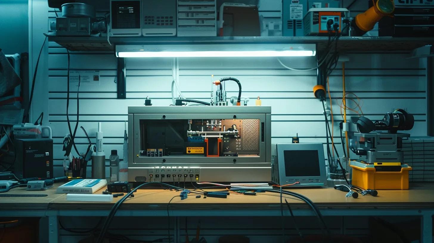 a sleek, modern fusion splicer sits prominently on a polished workbench, illuminated by soft overhead lighting, showcasing its connectivity ports and display screen amidst an array of fibre optic cables in a high-tech workshop environment.