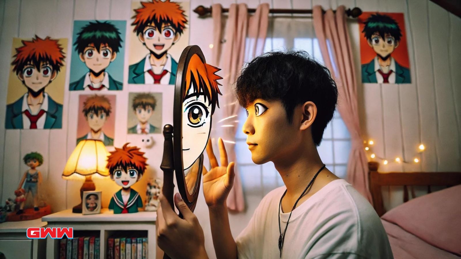 Person holding mirror reflecting anime-style face, surrounded by anime character posters