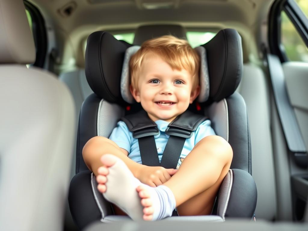 Toddler sitting comfortably with crossed legs in a rear-facing car seat