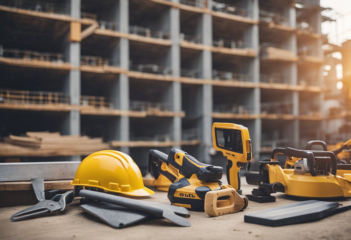 A construction site with various tools and equipment scattered around. An independent contractor is working alongside regular employees, wearing a hard hat and high-visibility vest