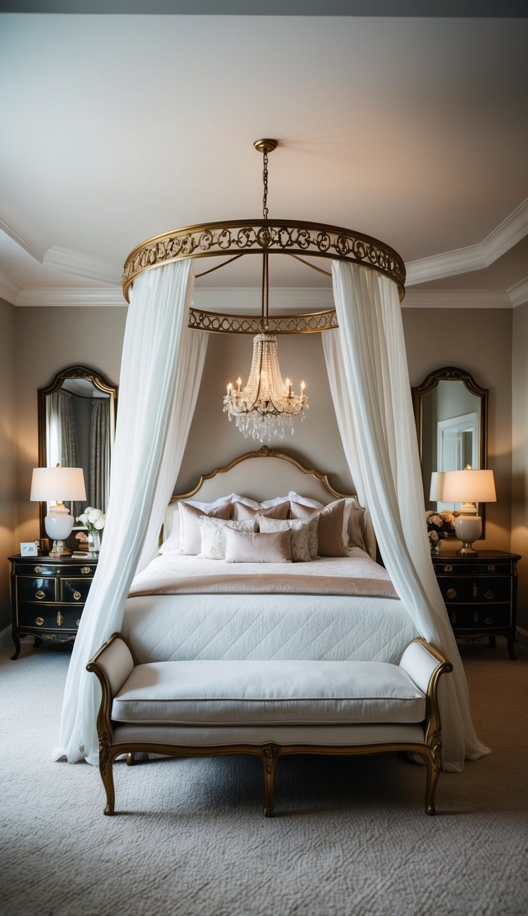 A luxurious canopy bed in a spacious guest bedroom, surrounded by soft lighting and elegant decor