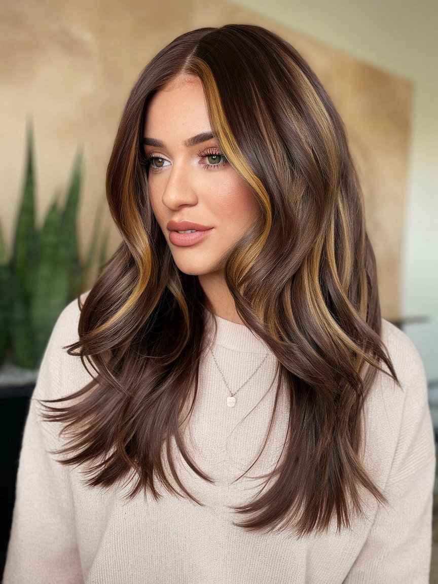 11. Golden Caramel Highlights on Chocolate Brown Hair