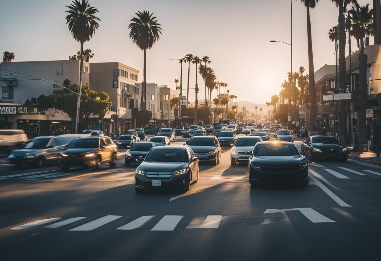 A busy intersection in Santa Monica, with cars speeding and colliding, surrounded by distracted drivers and poor road conditions