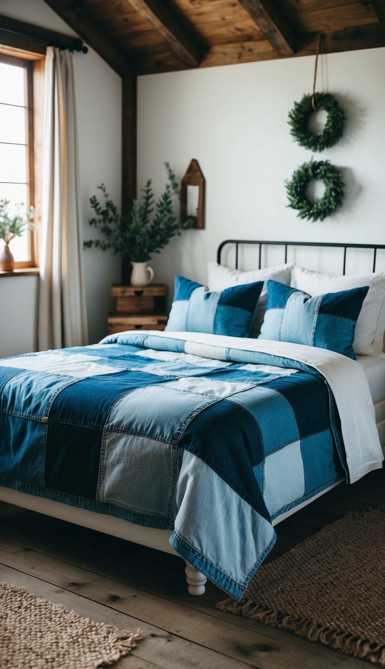 A cozy farmhouse bedroom with a patchwork denim bedspread, surrounded by rustic decor and natural light