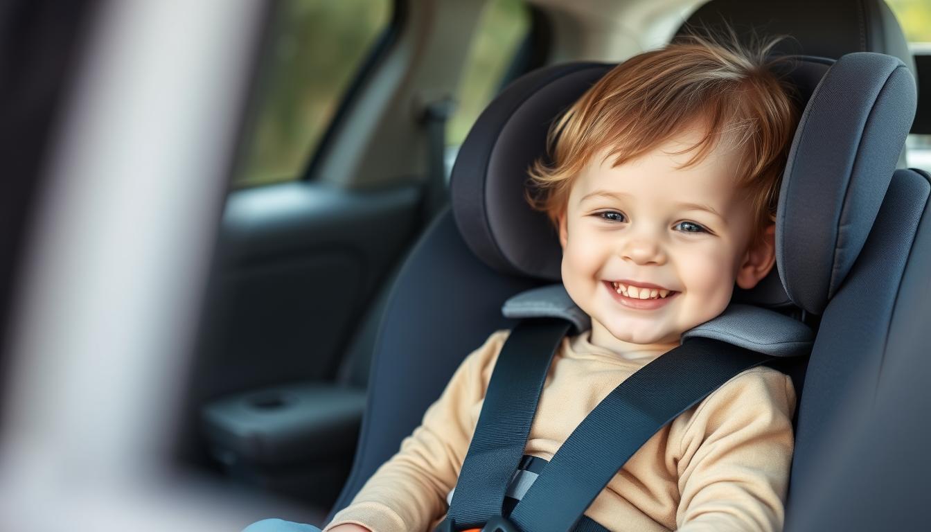 Happy child safely secured in properly installed car seat