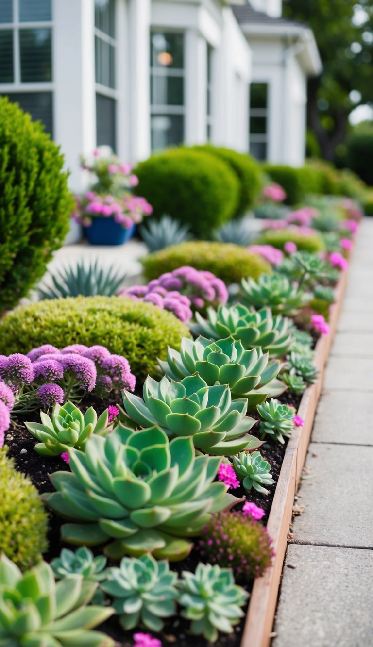 A row of Sedum 21 flower beds lines the front of a charming house. The vibrant green succulents are interspersed with pops of pink and purple blooms