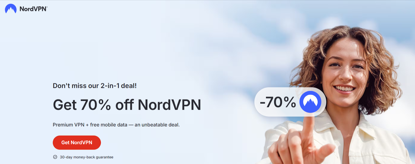 Smiling woman points to a 70% off NordVPN offer on a light blue background. Text promotes a 2-in-1 deal with a 30-day money-back guarantee