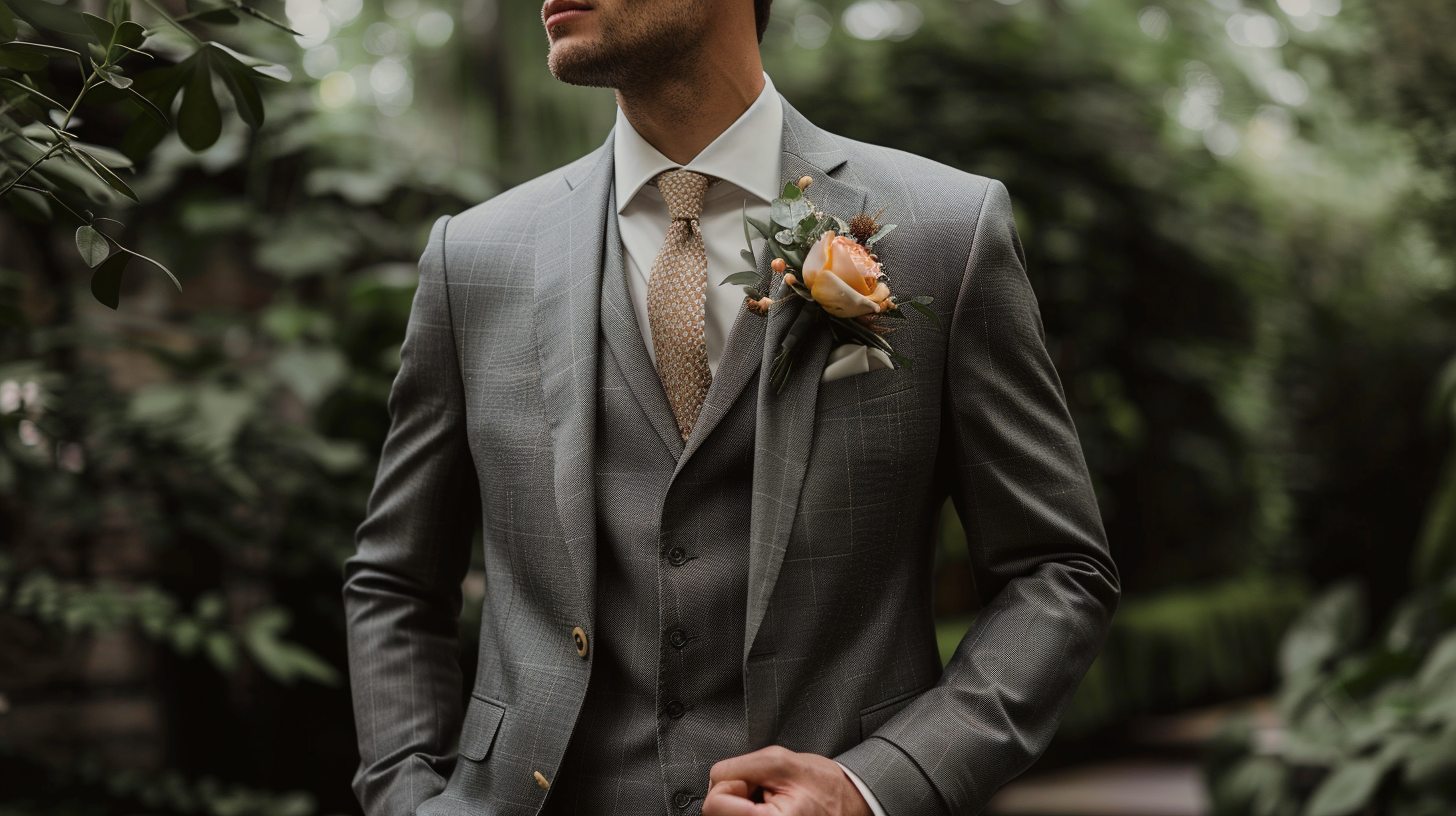 Man dressed in a modern fit suit with a balanced cut between slim and classic, soft tapering, relaxed yet refined, suited for garden or outdoor weddings.