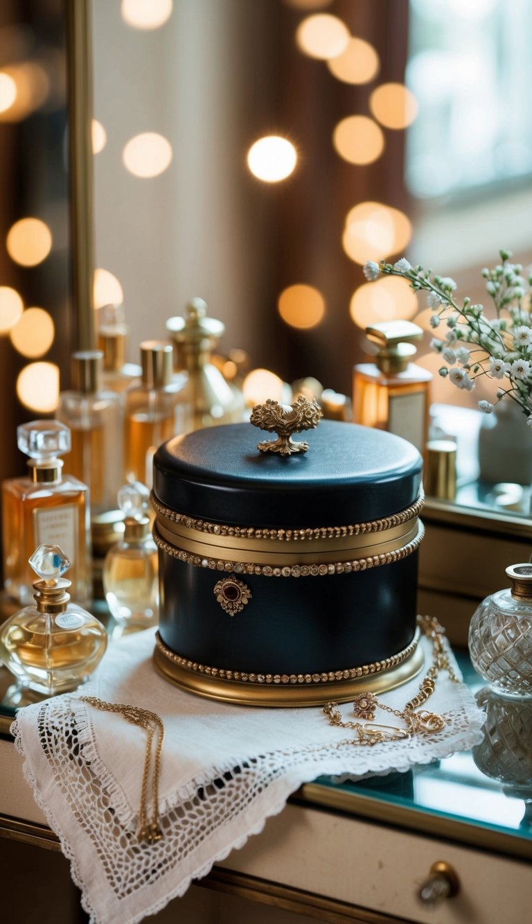 An antique jewelry box sits atop a vanity, surrounded by vintage perfume bottles and a lace handkerchief