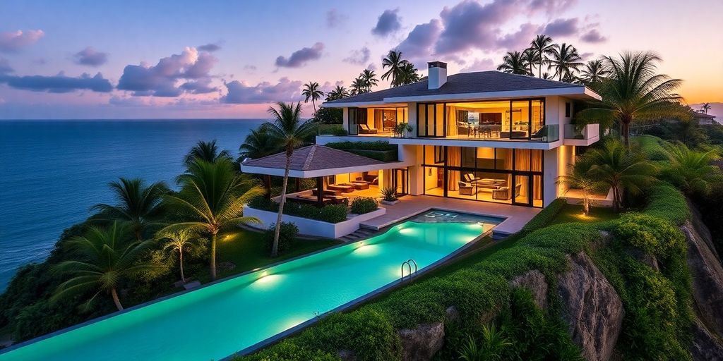 Luxury villa with ocean view and infinity pool.