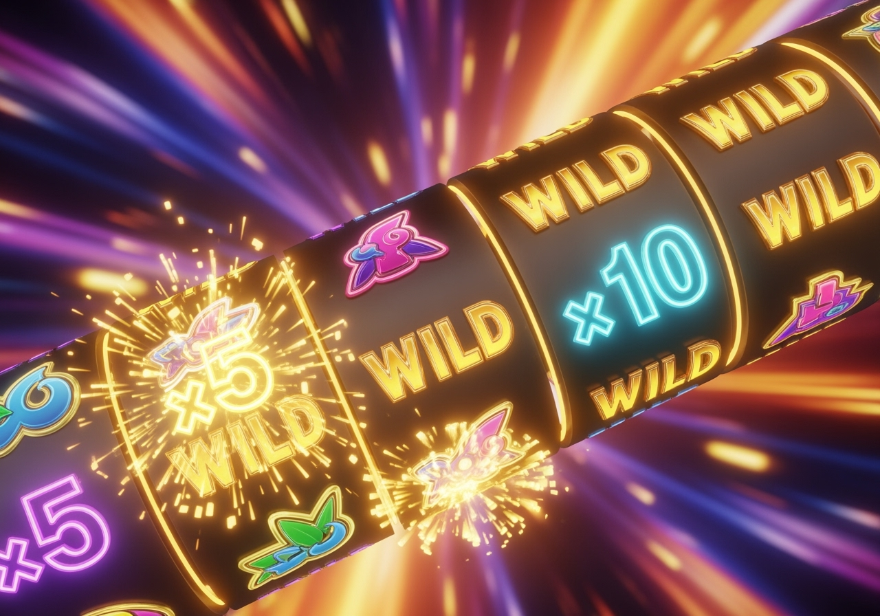 A vibrant and dynamic 3D visualization of a slot machine's bonus round in action. Glowing, golden wild symbols are expanding to cover an entire reel, while neon numbers representing multipliers like 'x5' and 'x10' pop out from the screen. The background is a swirl of bright, abstract colors like purple and orange, suggesting high energy and a big win.