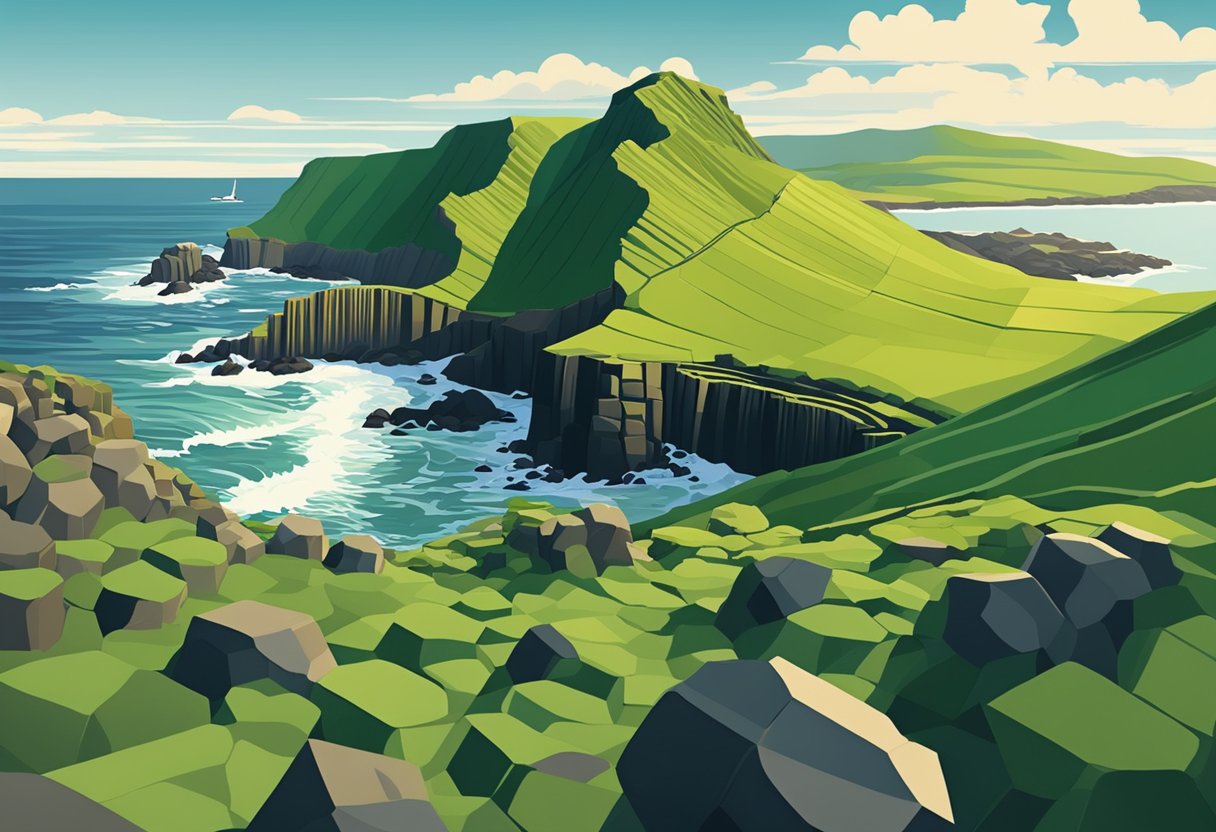 Rolling green hills meet the rugged coastline, where hexagonal basalt columns jut out into the sea, creating the iconic Giant's Causeway