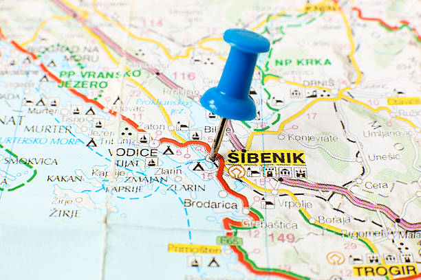 Blue pushpin marking the city of Šibenik on a detailed map of Croatia.