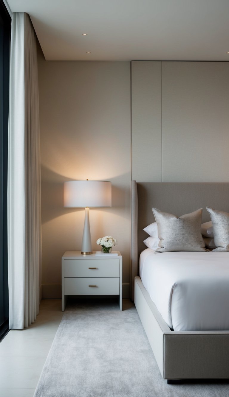 Two sleek, minimalist nightstands flank a large, luxurious bed in a spacious master bedroom. Subtle lighting and neutral tones create a serene, sophisticated atmosphere