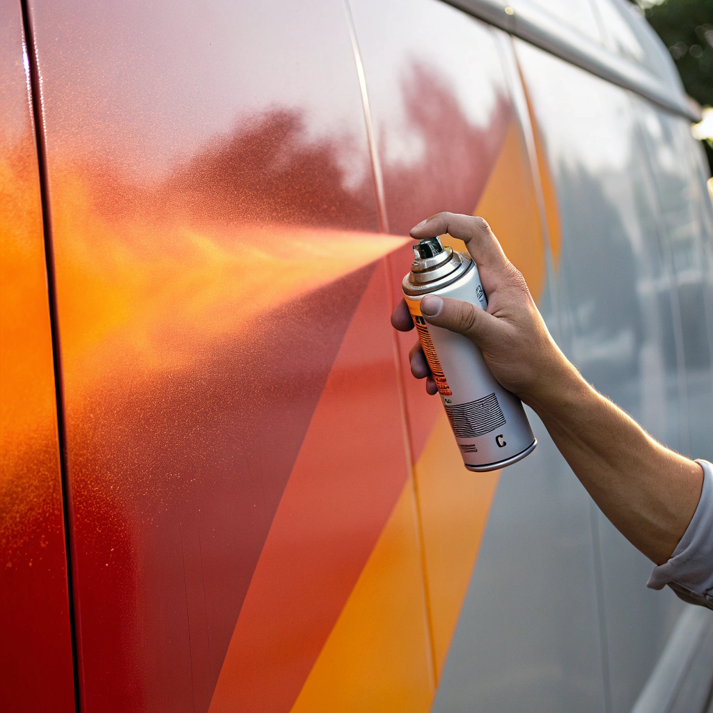 Application de peinture en aérosol sur une surface métallique avec un dégradé orange et rouge, réalisé à 25 cm de distance.

