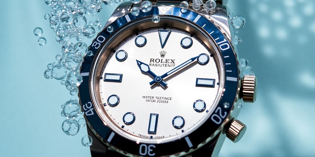 Rolex watch submerged in water, highlighting water resistance.