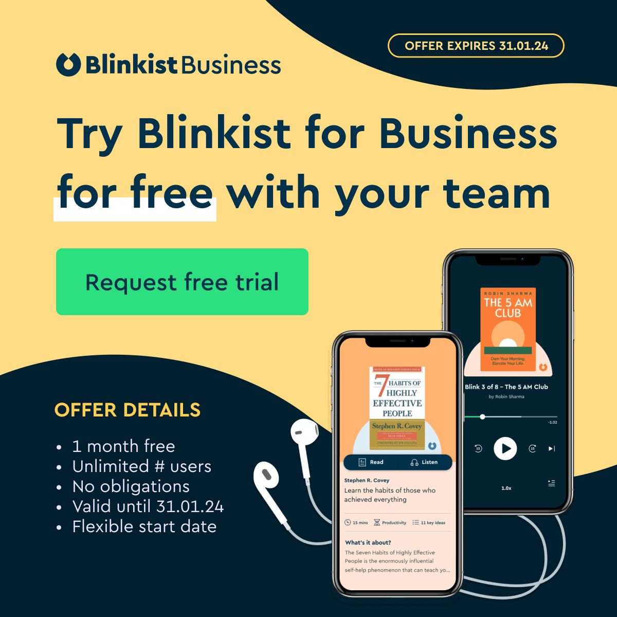 Blinkist Business ad with logo, free trial offer, “Request free trial” button, and two screens displaying book summaries.