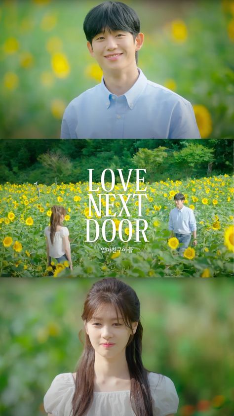 This contain an image of the poster for love next door showing  Jung Hae In and Jung So Min standing in a field with sunflowers