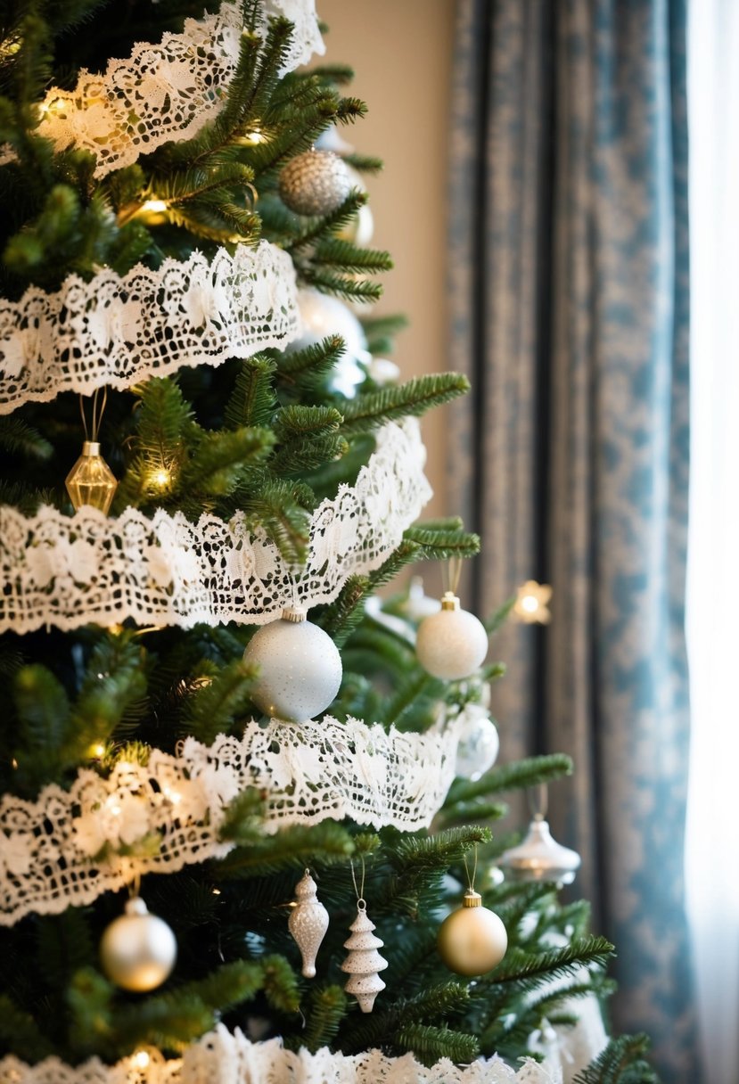 A beautifully decorated Christmas tree adorned with Victorian lace trim and delicate ornaments