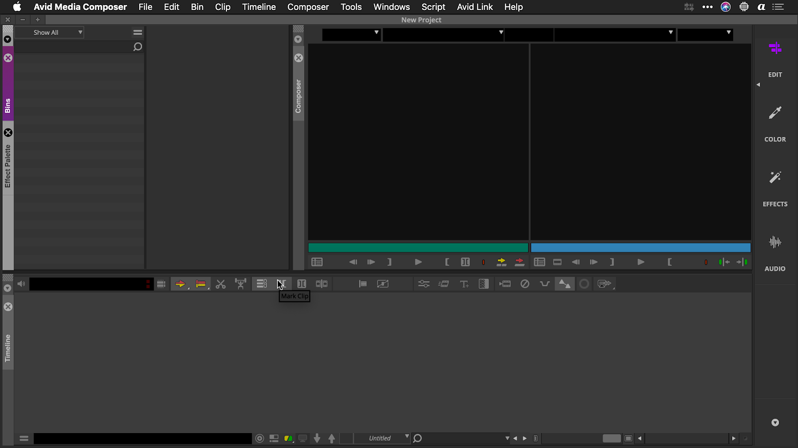 Edit workspace with Bins window selected. Timeline and other windows are empty.