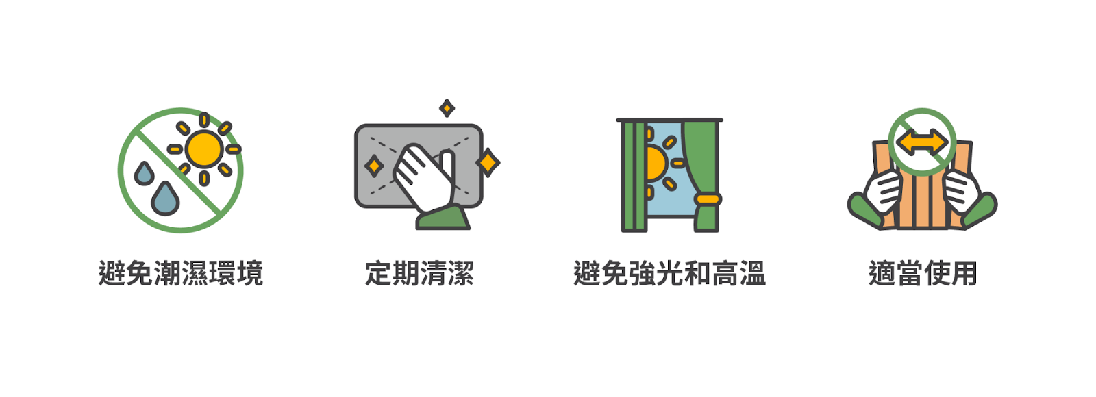 避免潮濕環境、定期清潔、避免強光和高溫、適當使用