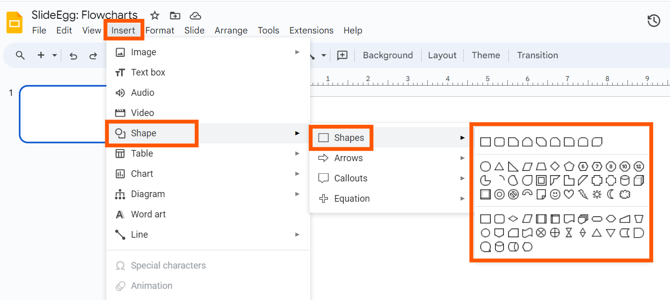 Insert > Shape > Shapes Option in Google Slides interface displaying various shapes.