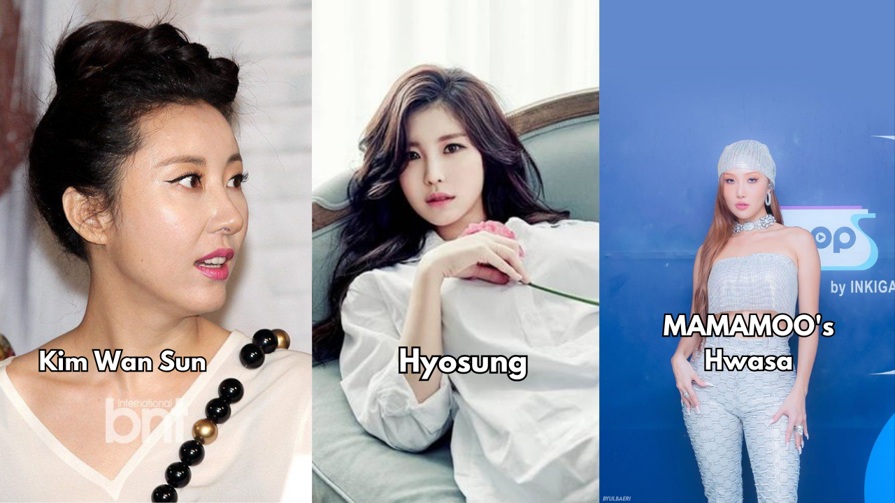 This contains an image of Kim Wan Sun, Hyosung, and MAMAMOO's Hwasa